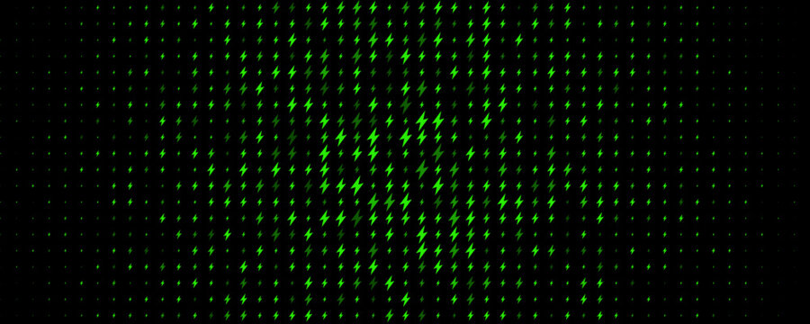 Green lightning bolts glowing on black. Electric energy pattern for power, tech, neon digital themes, wallpapers, or speed concept designs. Vector illustration