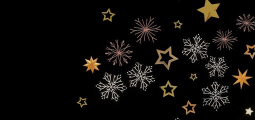 Elegant winter holiday background with gold stars and snowflakes on black. Perfect for cards, websites, and social media.