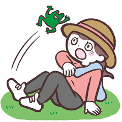 カエルに驚いてしりもちつく女性のイラスト