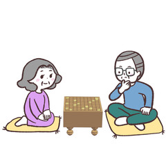 将棋をするシニア男女のイラスト