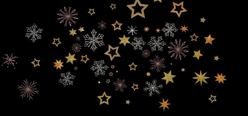 Beautiful winter holiday background with gold stars and snowflakes on black. Perfect for Christmas, New Year, and winter celebrations.