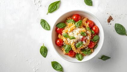 Bright and fresh top-down view of an Italian pasta salad with cherry tomatoes, basil, and parmesan cheese in a white bowl