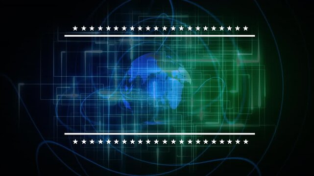 Animation of frame over globe, blue and green lines on black background