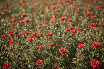 Lush green garden filled with vibrant red blossoms in a natural setting, featuring floral textures and summer vibes