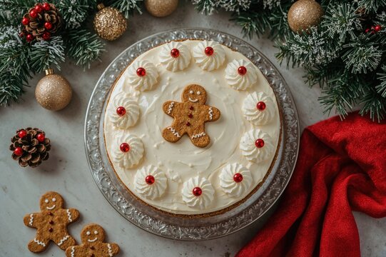 Festive dessert featuring cream cheese and gingerbread on a wooden surface, overhead shot with winter holiday elements