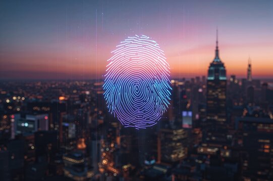 Double exposure of an imaginative digital fingerprint hologram layered on a soft-focused urban background, symbolizing individual biometric information.