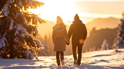 Couple walking snowscape golden hour - Powered by Adobe