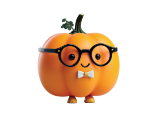 Halloween Pumpkin Character with Glasses and Bowtie isolated on transparent White background png