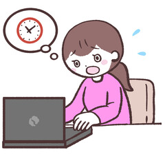 時間に追われながらパソコンする女性のイラスト