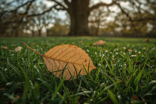 A withered leaf resting on fresh green grass in early spring