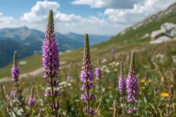 Obraz premium Vibrant purple loosestrife blossoms flourishing in a high mountain meadow beside a picturesque mountain biking route following an old trail from the mountains to the coast across northern Europe