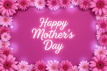 Obraz premium Festive Mother's Day card design featuring glowing purple and pink hues with flowers and decorative frame