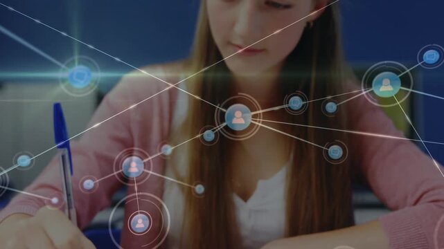 Animation of network of connections over caucasian girl at school - Powered by Adobe