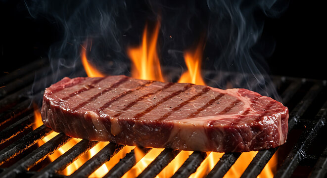 Thick steak resting on a flaming grill, vivid orange-red fire reflecting on the grill bars