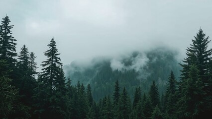 Foggy haze enveloping pine trees on hillside
