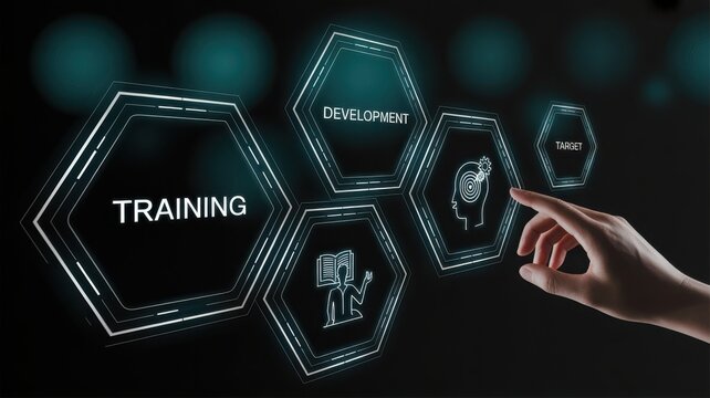 Business training and development process with futuristic hexagonal icons and human hand interaction showing target oriented approach.