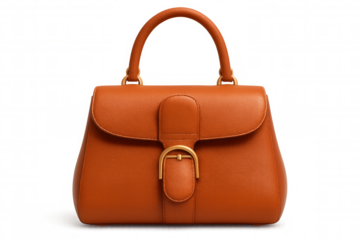Orange leather handbag featuring golden hardware, elegantly posed against transparent backdrop for fashion marketing designs