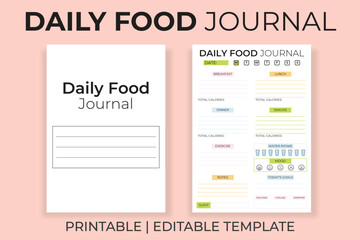 Daily Food Journal and Health Tracker Editable and PrintableTemplate