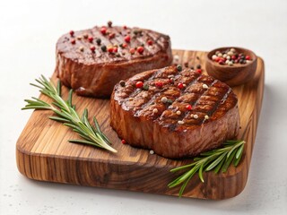 Two juicy grilled filet mignon steaks seasoned with peppercorns on a wooden board with rosemary white background