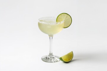 Salt-rimmed cocktail with lime garnish