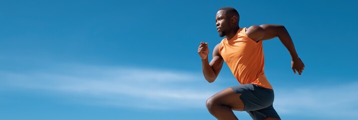 Young african male runner in motion under clear blue sky