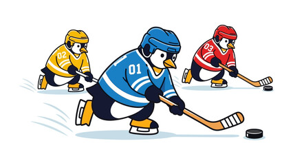 Penguin Hockey: In a snowy stadium, Three animated penguins engage in a fast-paced game of hockey, each equipped with hockey sticks and protective gear. The game is full of excitement and team play. © Karima