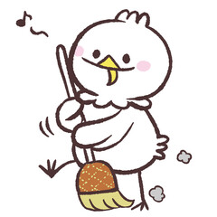  歌いながらほうきで掃く白い鳥のイラスト © おひさまストック
