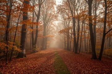 Fototapeta premium Foggy Autumn Path Through Beech Trees in the Forest