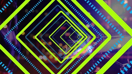 Animation of tunnel made of squares moving over man playing percussion on concert - Powered by Adobe