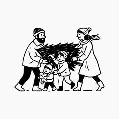 Hand Drawn Christmas Line Art Family carrying a Christmas tree home