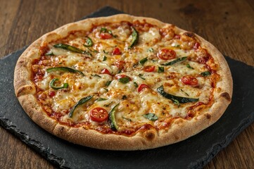 Tasty pizza topped with cheese, peppers, tomatoes, artichokes, and zucchini baked in a wood-fired oven, presented on a slate serving board.