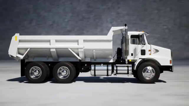 A white dump truck is shown in profile view against a blurred dark gray background. 