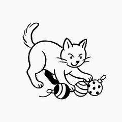 Hand Drawn Christmas Line Art Cat playing with Christmas ornaments