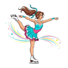 Graceful Ice Dancer's Performance: Depicting a young woman in a vibrant ice-skating outfit gracefully executing a spinning pose. The illustration captures the essence of elegance, skill.
