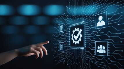 Digital transformation and technology automation with a finger touching a screen with icons and circuit board pattern.