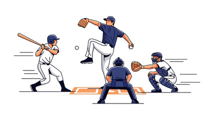 Baseball Game in Action: A dynamic illustration captures the peak moment of a baseball game, depicting a batter, pitcher, catcher, and umpire engaged in a thrilling play