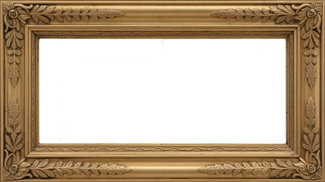 Vintage ornate gold picture frame with classic design isolated on transparent background