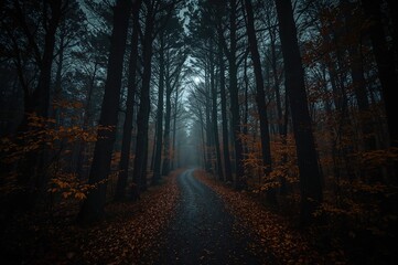 Obraz premium Enigmatic trail through a shadowy, mist-covered autumn woodland. Detailed high-resolution artwork.