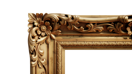 Closeup of ornate gold picture frame corner isolated on transparent background