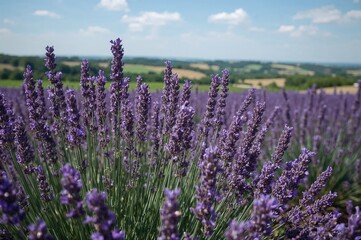 Obraz premium Close-up of a blooming purple flower meadow in a rural setting during summer
