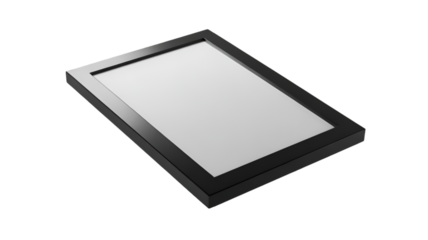 Black picture frame isolated on transparent background is lying on the surface