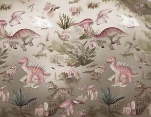 Fototapeta premium seamless pattern with baby dinosaurs. brontosaurus, tyrannosaurus, pterodactyl, tric