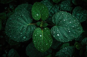 Big green foliage with water droplets, leafy backdrop