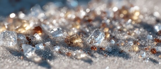 Sparkling crystals on a sandy surface in sunlight