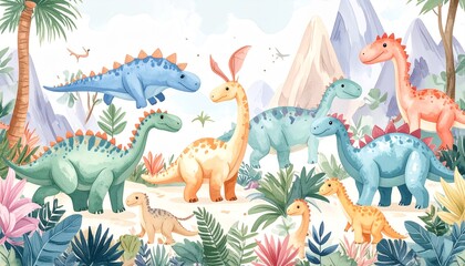  seamless pattern with baby dinosaurs. brontosaurus, tyrannosaurus, pterodactyl, tric