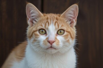 Close-up of an adorable white and orange tabby kitten with an M-shaped forehead mark, striking green eyes, a pink nose, and spotless fur against a dark wooden backdrop.