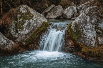 Fototapeta premium Mountain waterfall with wild water rushing over rocks and green moss, perfect for nature and outdoor photography.