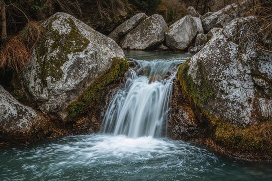 Mountain waterfall with wild water rushing over rocks and green moss, perfect for nature and outdoor photography.