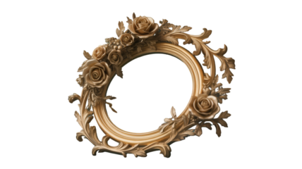 Golden floral frame with roses isolated on transparent background