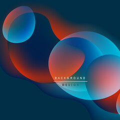 Abstract fluid shapes overlap, creating vibrant color gradients. Blue, orange, red hues blend seamlessly. Modern design element.